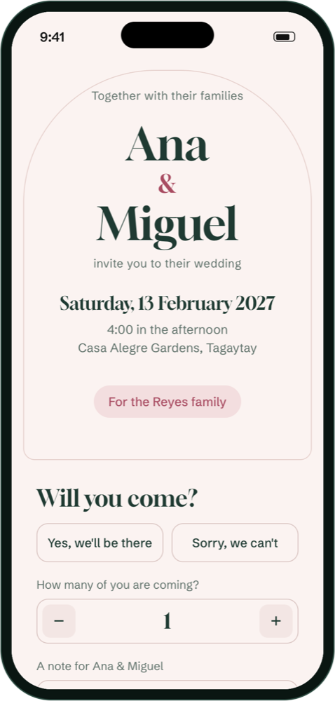An invitation card on a phone, addressed to the Reyes family, for Ana and Miguel's wedding on Saturday, 13 February 2027.