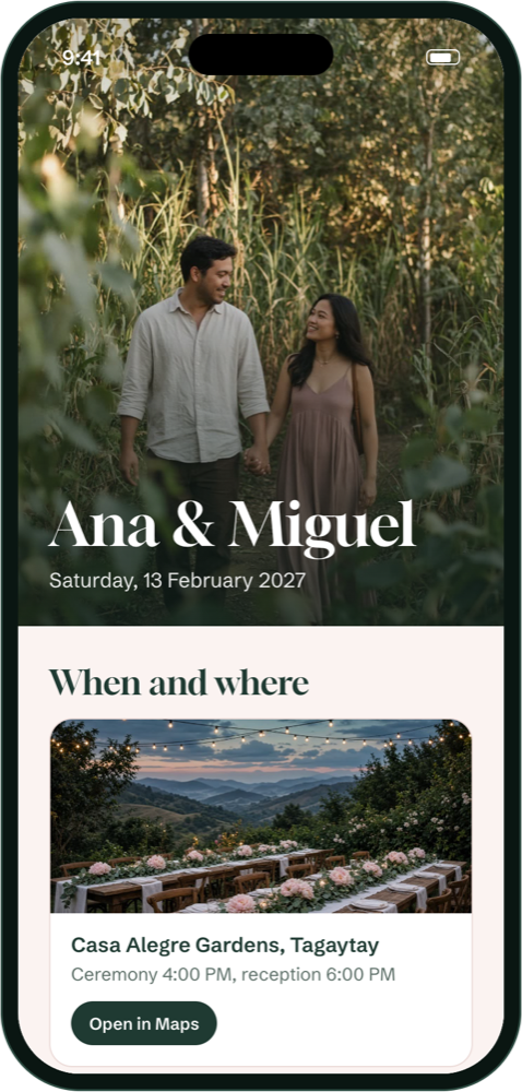 Ana and Miguel's wedding site on a phone, opening on a photo of the couple with the date below.